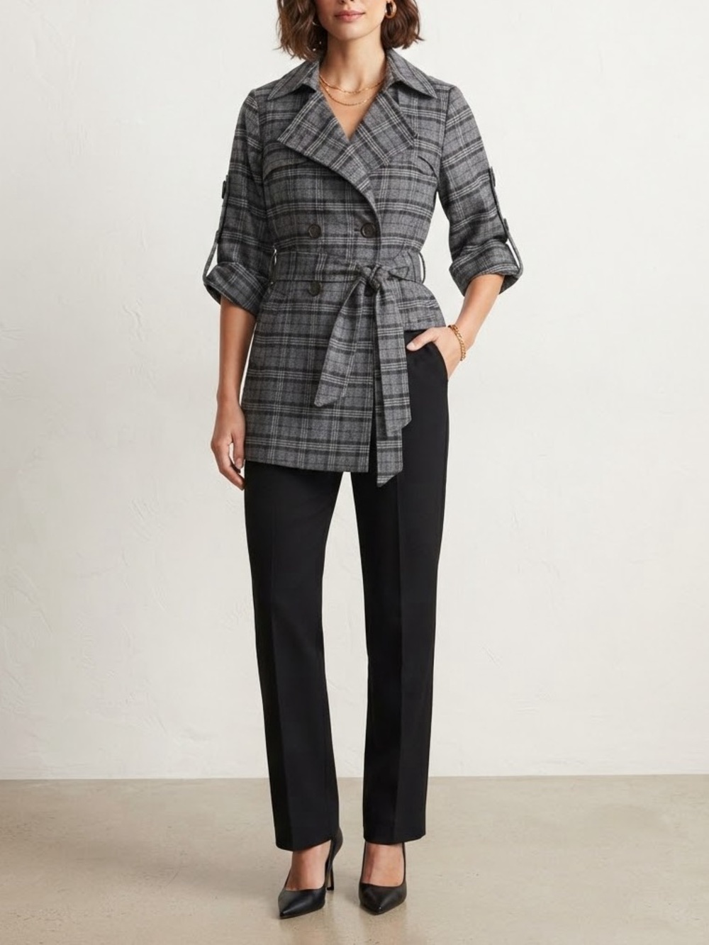 hazel Gray Plaid Short-Sleeve Double-Breasted Trench Coat